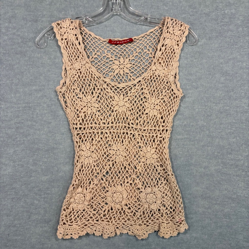 JJ Basics Women Tan Floral Crochet Knit Sleeveless V-Neck Top Tank